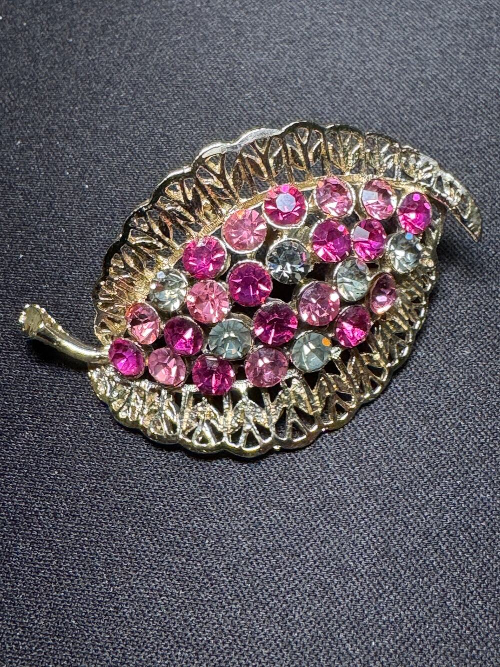 1950's Pink Shades Rhinestones Prong Set Leaf Brooch